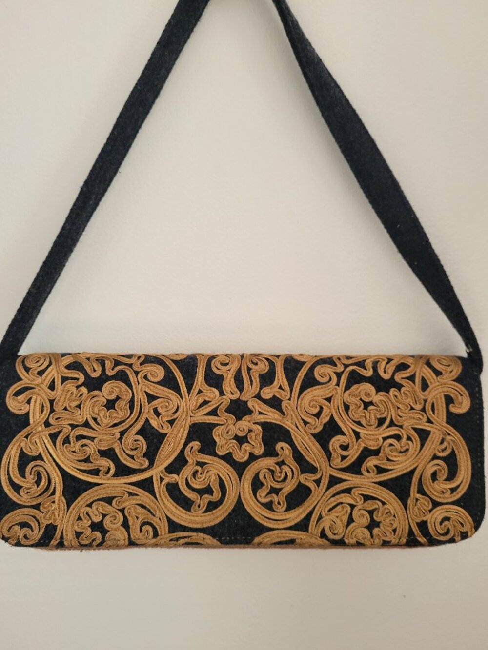 Vintage Adrienne Vittadini Grey Wool Embellished Rope and Cowhide Small Bag